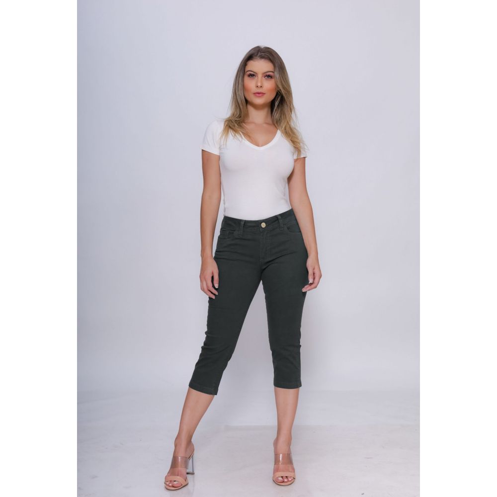 Calça Capri Feminina Sarja Jeans Cintura Média Com Lycra Levanta